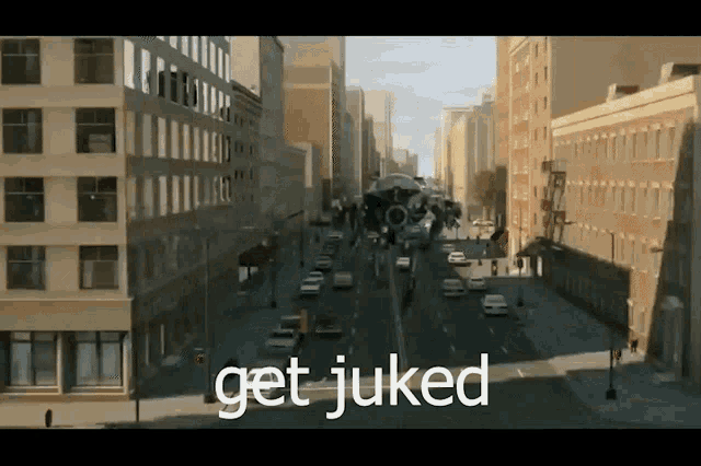 an aerial view of a city street with the words get juked written on the bottom