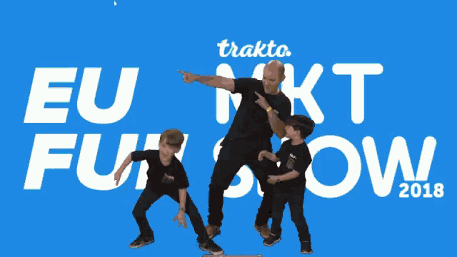 a man and two boys are dancing in front of a blue background that says " eu "