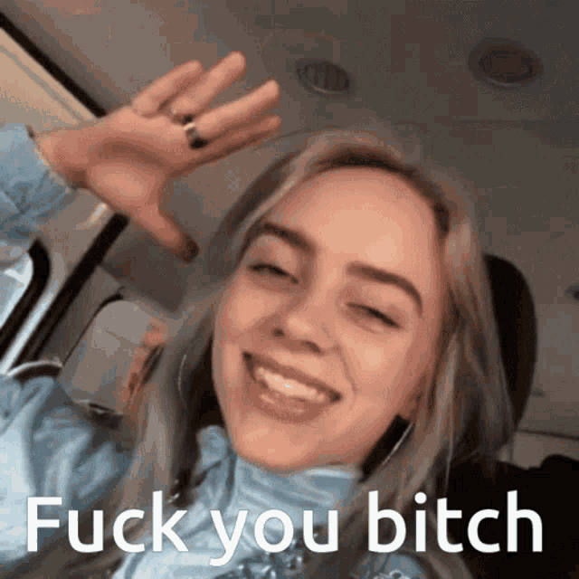 billie eilish is smiling and waving while sitting in a car with the words fuck you bitch written on the bottom