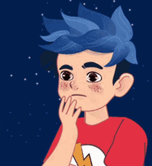 a boy with blue hair is wearing a red shirt with the letter w on it