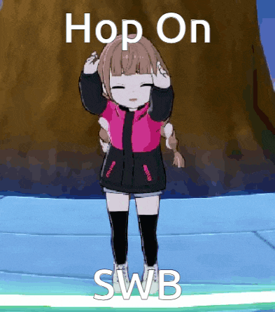 a cartoon girl is standing in front of a tree with the words hop on swb on the bottom