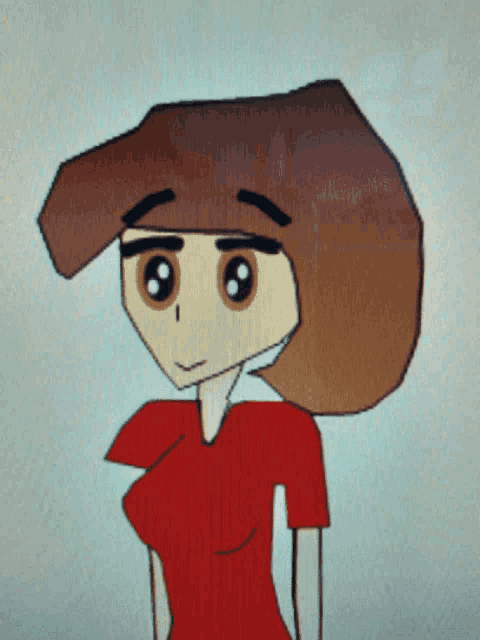a cartoon drawing of a woman with brown hair and a red shirt