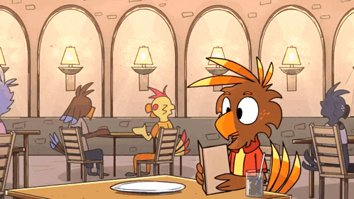a cartoon drawing of a bird reading a menu