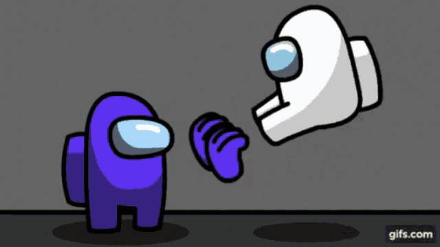 a cartoon of a purple among us character standing next to a white among us character