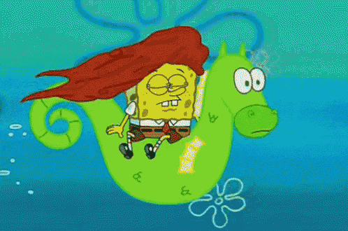 a cartoon of spongebob riding on the back of a seahorse