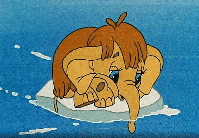 a cartoon elephant is floating on a piece of ice