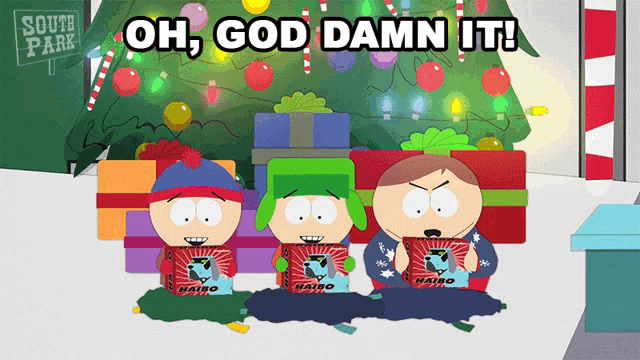 three south park characters are sitting in front of a christmas tree holding haibo
