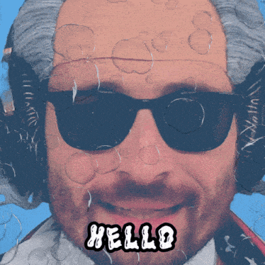 a man wearing sunglasses and headphones with bubbles on his face says hello