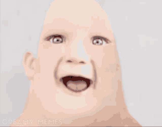 a baby with a big head is making a funny face with his mouth open .