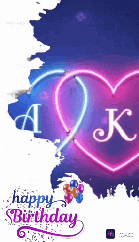 a happy birthday card with a heart and a letter k