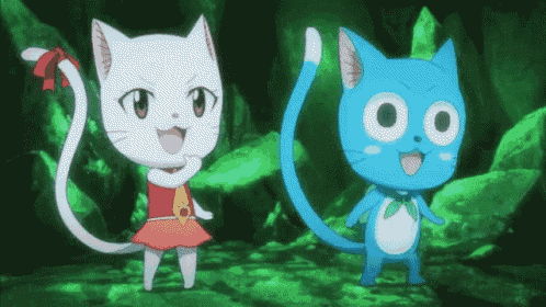 two cartoon cats are standing next to each other in a forest