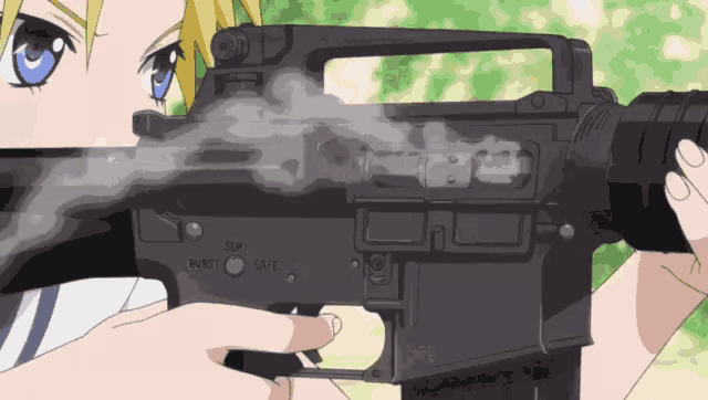 a person holding a gun with smoke coming out of it