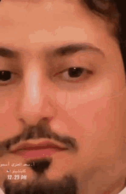 a close up of a man 's face with a beard .