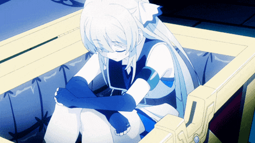 a girl with white hair and blue gloves is sitting in a box with her head down