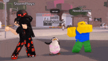a penguin in a bikini is standing next to a girl and a noob soldier