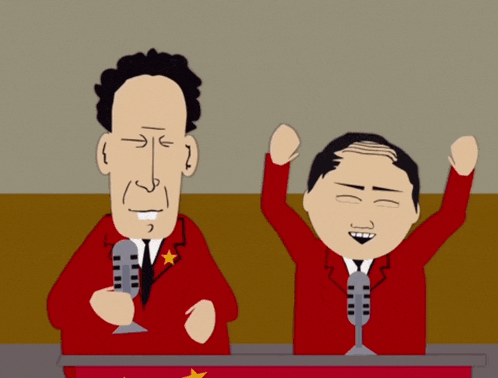 a cartoon of a man speaking into a microphone next to another man