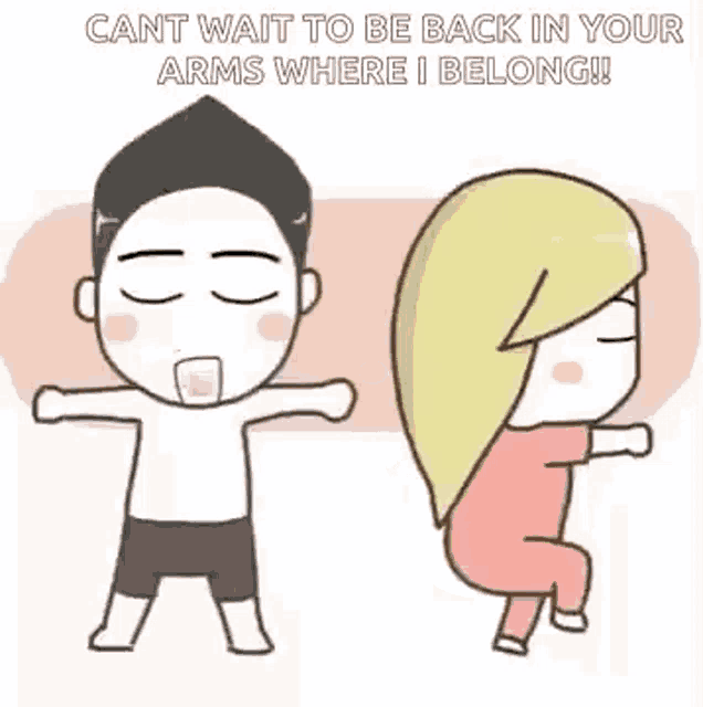 a man and a woman are standing next to each other with their arms outstretched in a cartoon .