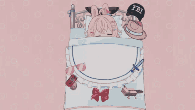 a girl is sleeping on a bed with a fbi hat on her head