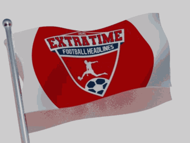 a red and white flag with extratime football headlines written on it