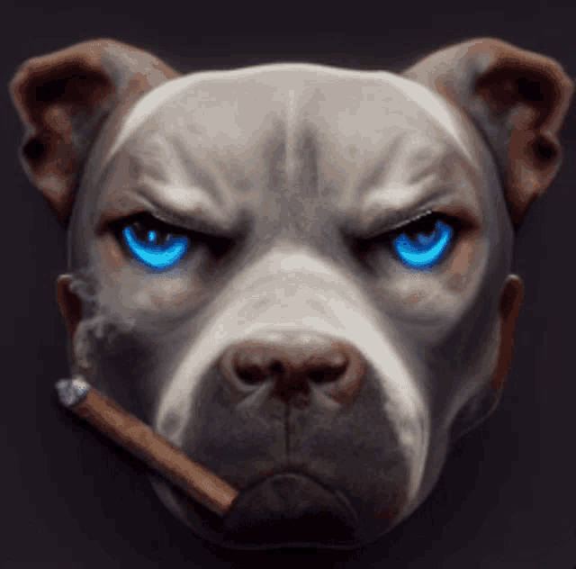 a dog with blue eyes holding a cigar in its mouth