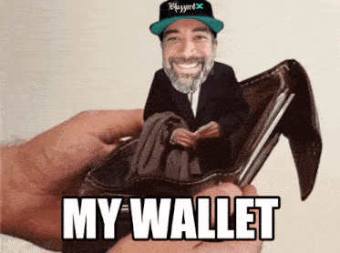 a man in a suit and hat is holding an open wallet with the words my wallet written on it