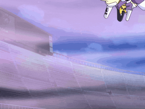a cartoon character is flying in the air with a stadium in the background