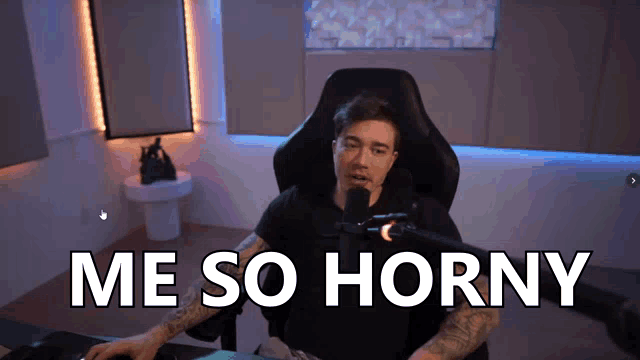 a man is sitting in front of a microphone with the words me so horny behind him