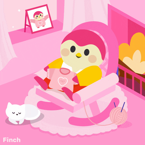an illustration of a penguin sitting in a rocking chair with the name finch on the bottom right