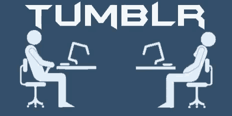 a blue background with two people sitting at desks and the word tumblr