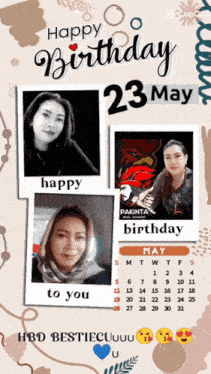 a calendar says happy birthday 23 may