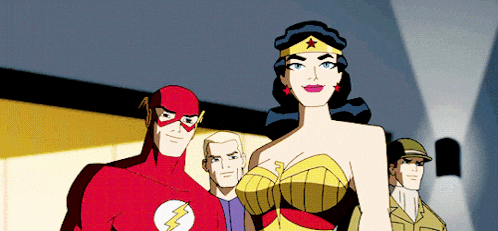 a group of cartoon characters including the flash and wonder woman standing next to each other