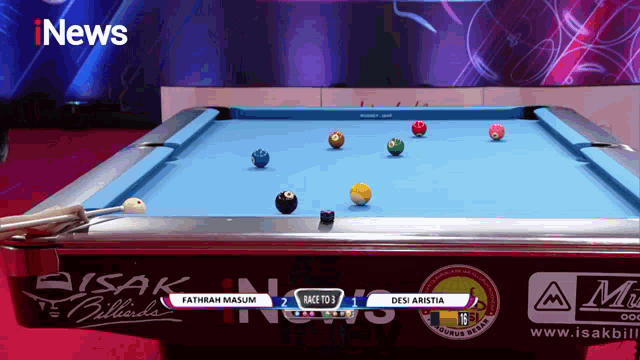 a pool table sponsored by isak billiards is shown on inews