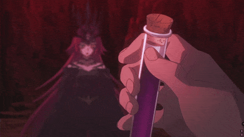 a person is holding a purple bottle with a cork in their hand