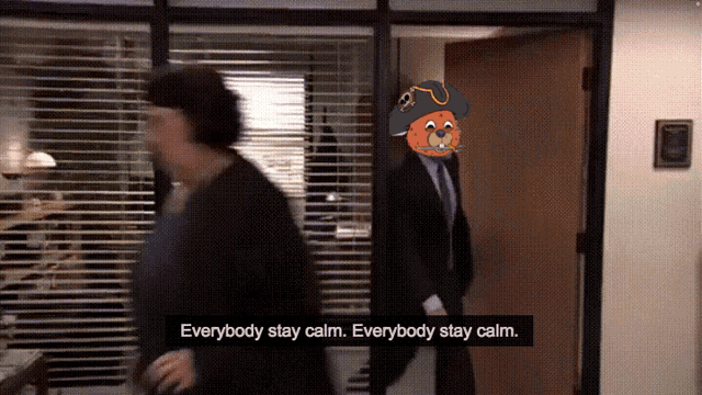 a cartoon of a cat with a pirate hat and the words everybody stay calm