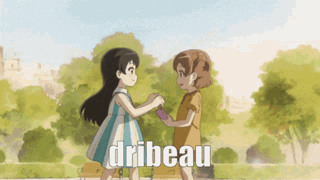 two girls shaking hands in a park with the word dribeau on the bottom right