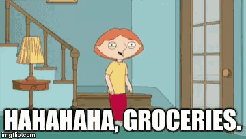 a cartoon character says ' hahahaha groceries ' while standing in front of stairs