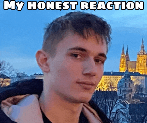 a young man is standing in front of a city with the caption my honest reaction