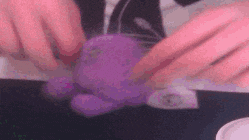 a person is holding a purple stuffed animal in their hands on a table .
