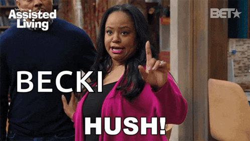a woman in a pink jacket says " becki hush " in front of a man