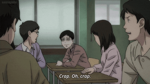 a group of people are sitting around a table and one of them is saying crap oh crap