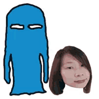 a cartoon of a blue ghost and a woman 's face