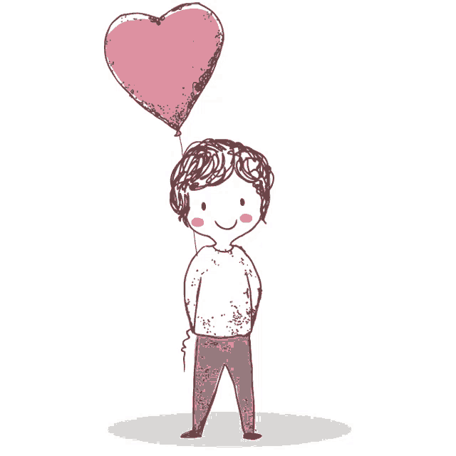 a boy is holding a heart shaped balloon
