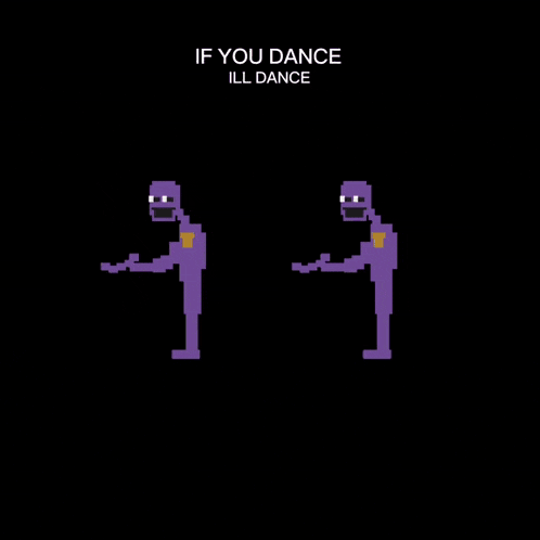 a pixel art of a purple man holding a gun with the words " and if you dont ill dance anyway "