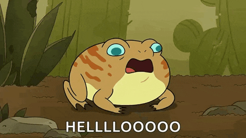 a cartoon of a frog saying hellooooo with its mouth wide open