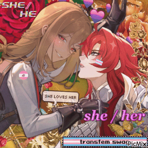 a couple of anime characters with the words she loves her