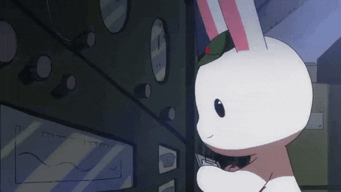 a cartoon rabbit with a green hat is looking at a graph