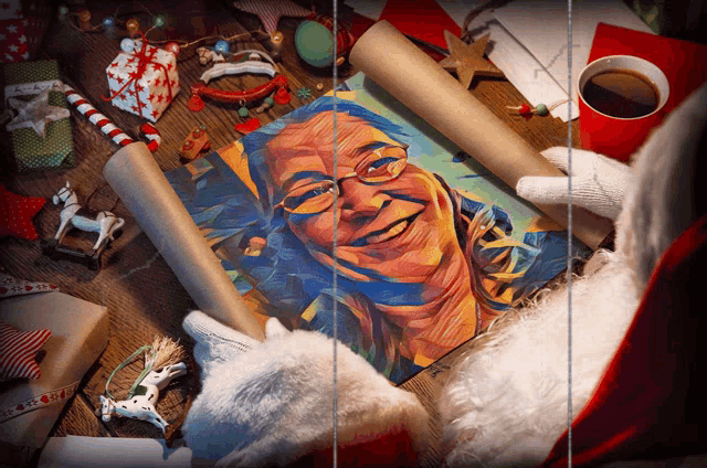 a painting of a woman with glasses is being held by santa