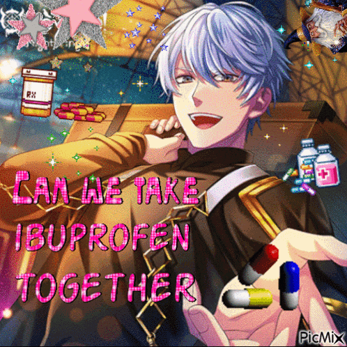 a picture of a boy with the words can we take ibuprofen together in pink letters