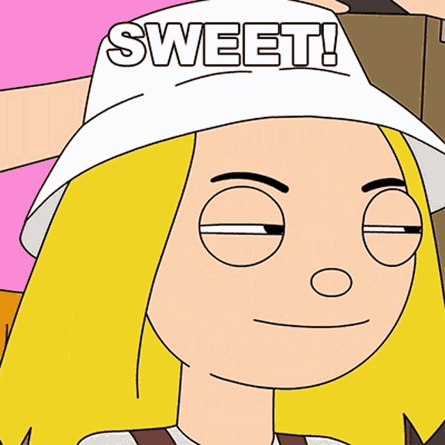 a cartoon girl wearing a hat that says sweet on it