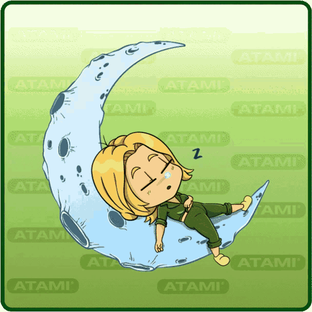 a cartoon of a girl sleeping on a crescent moon surrounded by atami stickers
